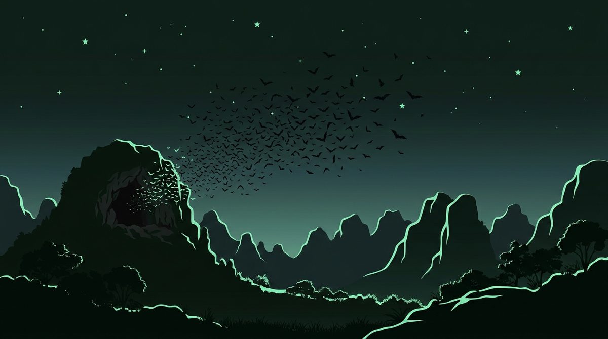 Ilustrasi kawanan kecil kelelawar terbang keluar dari mulut goa saat senja di atas perbukitan karst