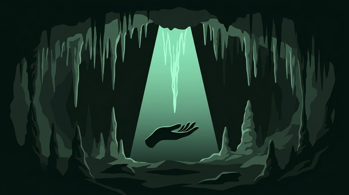 Ilustrasi stalaktit dan stalagmit di dalam goa dengan satu stalaktit disorot cahaya hijau lembut