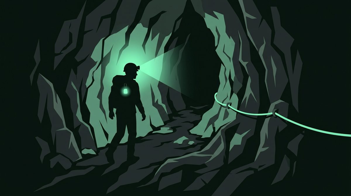 Ilustrasi siluet penjelajah memakai helm lampu berjalan di lorong goa dengan tali panduan di dinding