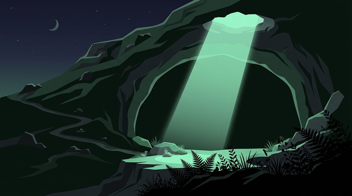 Ilustrasi mulut goa di lereng bukit karst dengan berkas cahaya hijau jatuh dari atas ke mulut goa yang gelap